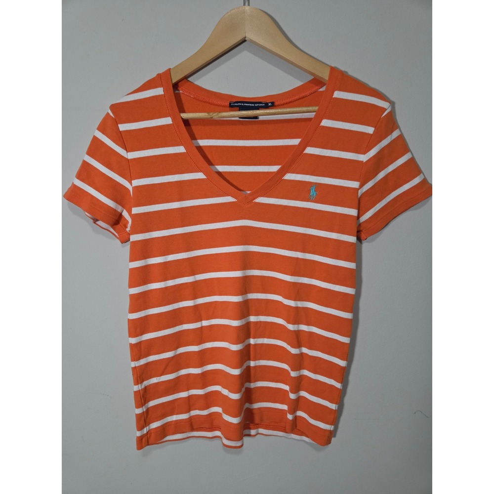 Ralph Lauren Sport Womens XL Orange White Striped V-Neck Cotton TShirt Pony Logo